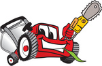 Clip Art Graphic of a Red Lawn Mower Mascot Character Holding a Yellow Saw