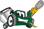 Clip Art Graphic of a Green Lawn Mower Mascot Character Holding a Yellow Saw