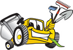 Clip Art Graphic of a Yellow Lawn Mower Mascot Character Facing Front, Chewing on Grass and Holding Gardening Tools