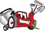 Clip Art Graphic of a Red Lawn Mower Mascot Character Facing Front, Chewing on Grass and Holding Gardening Tools