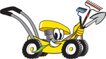 Clip Art Graphic of a Yellow Lawn Mower Mascot Character Smiling and Chewing on Grass While Passing by and Carrying Garden Tools