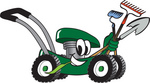 Clip Art Graphic of a Green Lawn Mower Mascot Character Smiling and Chewing on Grass While Passing by and Carrying Garden Tools