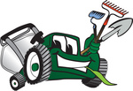 Clip Art Graphic of a Green Lawn Mower Mascot Character Facing Front, Chewing on Grass and Holding Gardening Tools