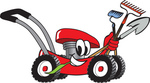 Clip Art Graphic of a Red Lawn Mower Mascot Character Smiling and Chewing on Grass While Passing by and Carrying Garden Tools