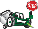 Clip Art Graphic of a Green Lawn Mower Mascot Character Facing Front and Smiling While Chewing on Grass and Holding a Stop Sign