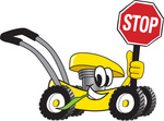 Clip Art Graphic of a Yellow Lawn Mower Mascot Character Smiling While Passing by, Chewing on Grass and Holding a Stop Sign