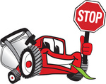 Clip Art Graphic of a Red Lawn Mower Mascot Character Facing Front and Smiling While Chewing on Grass and Holding a Stop Sign