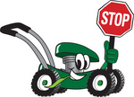 Clip Art Graphic of a Green Lawn Mower Mascot Character Smiling While Passing by, Chewing on Grass and Holding a Stop Sign
