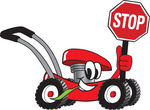 Clip Art Graphic of a Red Lawn Mower Mascot Character Smiling While Passing by, Chewing on Grass and Holding a Stop Sign