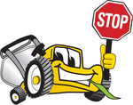 Clip Art Graphic of a Yellow Lawn Mower Mascot Character Facing Front and Smiling While Chewing on Grass and Holding a Stop Sign