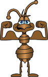 Clip Art Graphic of a Brown Ant Insect Mascot Character Flexing His Strong Bicep Arm Muscles