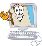 Clip Art Graphic of a White Bread Slice Mascot Character Waving From Inside a Computer Screen