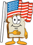 Clip Art Graphic of a White Bread Slice Mascot Character Standing in Front of an American Flag on Flag Day or the Fourth of July