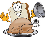 Clip Art Graphic of a White Bread Slice Mascot Character Serving a Cooked Turkey Bird in a Platter on Thanksgiving