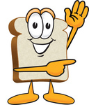 Clip Art Graphic of a White Bread Slice Mascot Character Waving and Pointing