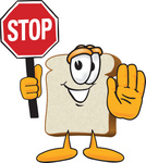 Clip Art Graphic of a White Bread Slice Mascot Character Holding a Stop Sign