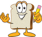 Clip Art Graphic of a White Bread Slice Mascot Character Writing With a Yellow Pencil