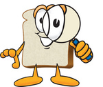 Clip Art Graphic of a White Bread Slice Mascot Character Looking Through a Magnifying Glass