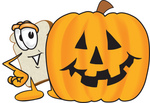 Clip Art Graphic of a White Bread Slice Mascot Character Peeking Out From Behind a Halloween Pumpkin