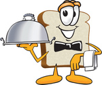 Clip Art Graphic of a White Bread Slice Mascot Character Serving a Food Platter While Waiting Tables