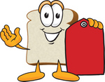 Clip Art Graphic of a White Bread Slice Mascot Character Holding a Red Clearance Price tag