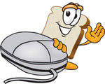 Clip Art Graphic of a White Bread Slice Mascot Character Resting One Hand on a Computer Mouse and Waving