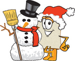 Clip Art Graphic of a White Bread Slice Mascot Character in a Santa Hat, Standing With a Snowman on Christmas