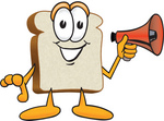 Clip Art Graphic of a White Bread Slice Mascot Character Preparing to Make an Announcement With a Bullhorn Megaphone