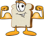 Clip Art Graphic of a White Bread Slice Mascot Character Flexing His Strong Bicep Arm Muscles