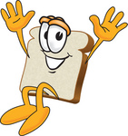 Clip Art Graphic of a Happy White Bread Slice Mascot Character Jumping