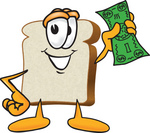 Clip Art Graphic of a White Bread Slice Mascot Character Waving Green Cash