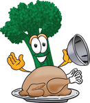 Clip Art Graphic of a Broccoli Mascot Character Serving a Cooked Thanksgiving Turkey on a Platter