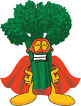 Clip Art Graphic of a Broccoli Mascot Character Wearing a Mask and Super Hero Cape