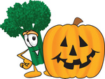 Clip Art Graphic of a Broccoli Mascot Character With a Carved Halloween Pumpkin