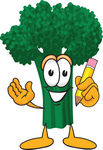 Clip Art Graphic of a Broccoli Mascot Character Holding a Yellow Pencil