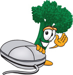 Clip Art Graphic of a Broccoli Mascot Character Waving While Standing by a Computer Mouse