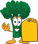 Clip Art Graphic of a Broccoli Mascot Character Holding a Yellow Sales Price Tag