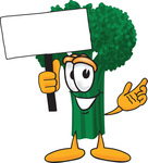 Clip Art Graphic of a Broccoli Mascot Character Waving a Blank White Advertisement Sign