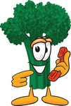 Clip Art Graphic of a Broccoli Mascot Character Pointing to a Red Telephone Receiver