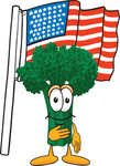 Clip Art Graphic of a Broccoli Mascot Character Pledging Allegiance to an American Flag