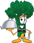 Clip Art Graphic of a Broccoli Mascot Character Waiting Tables and Serving a Dinner Platter