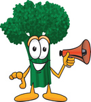 Clip Art Graphic of a Broccoli Mascot Character Preparing to Make an Announcement With a Red Megaphone Bullhorn