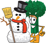 Clip Art Graphic of a Broccoli Mascot Character Standing Beside a Snowman on Christmas
