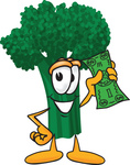 Clip Art Graphic of a Broccoli Mascot Character Waving a Green Banknote
