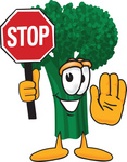 Clip Art Graphic of a Broccoli Mascot Character Holding a Stop Sign