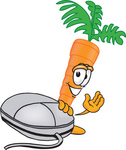 Clip Art Graphic of an Organic Veggie Carrot Mascot Character Waving and Standing by a Computer Mouse