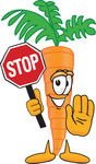 Clip Art Graphic of an Organic Veggie Carrot Mascot Character Holding a Stop Sign