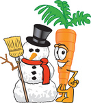 Clip Art Graphic of an Organic Veggie Carrot Mascot Character Standing by a Snowman