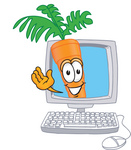 Clip Art Graphic of an Organic Veggie Carrot Mascot Character Waving From Inside a Computer Screen