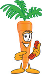 Clip Art Graphic of an Organic Veggie Carrot Mascot Character Holding and Pointing to a Red Phone